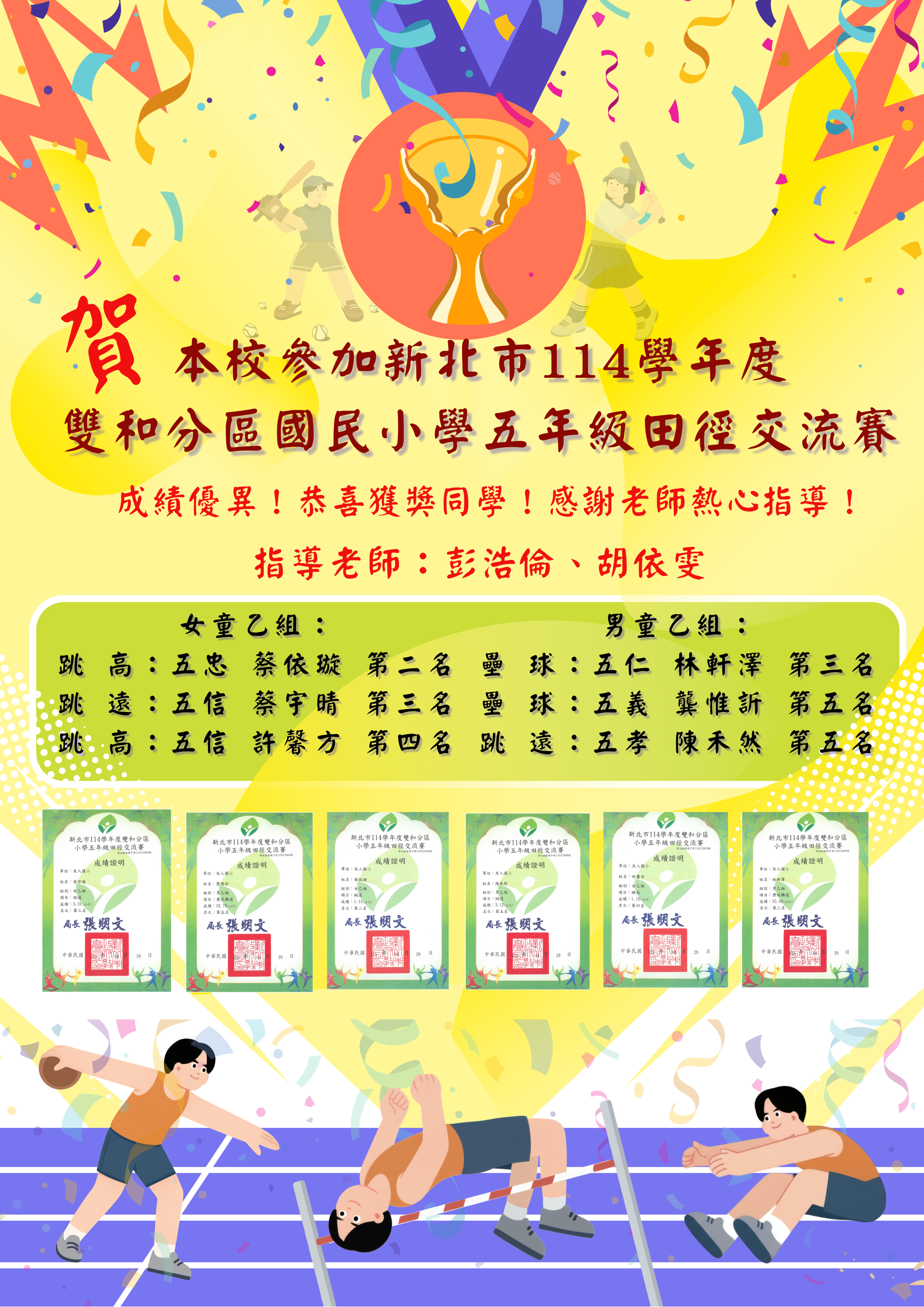 本校參加114雙和分區國小田徑交流賽表現優異